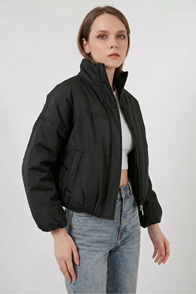 buğrahayalin Women's Stand Collar Waist Gathered Oversize Bomber Black Coat