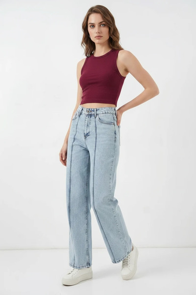 buğrahayalin Women's Crew Neck High Waist Denim Blue Trousers with Stitching ...