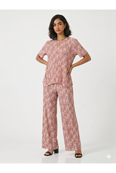 Topstar Two-Piece Pajama Set with Trendy Letter Print - Flesh Pink and Beige