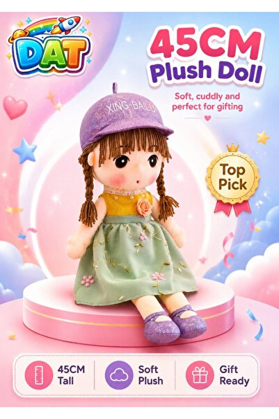 DAT Soft Plush Girl Doll with Embroidered Floral Dress, Glitter Cap & Yarn Ha...