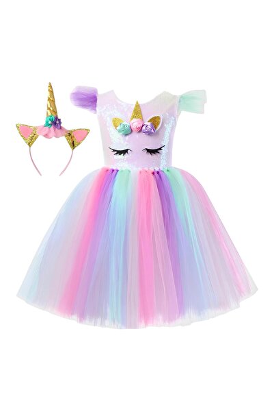 Inovius Costum Disney - Rochie Unicorn cu Tul Colorat si Bentita, 7 ANI