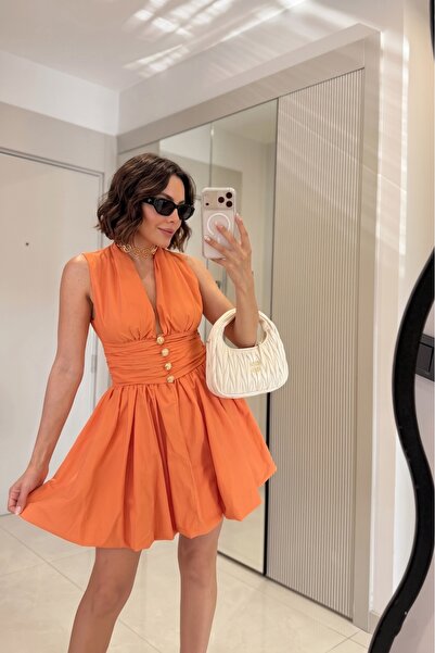 SHILSEE BEUTİQUE Backless, Front Gold Buttoned Poplin Fabric Balloon Mini Dre...