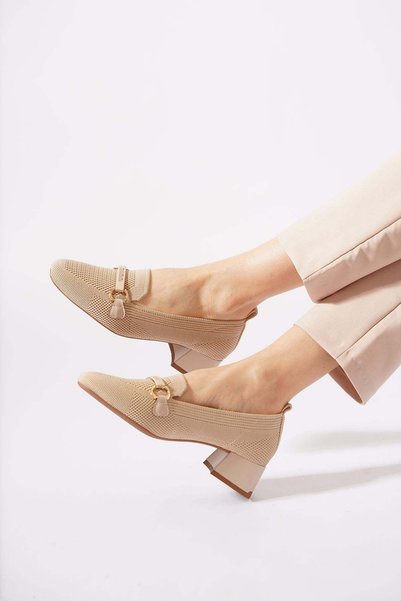 Moda Pie Sernesla knit heeled women's beige heeled shoes with buckle detail