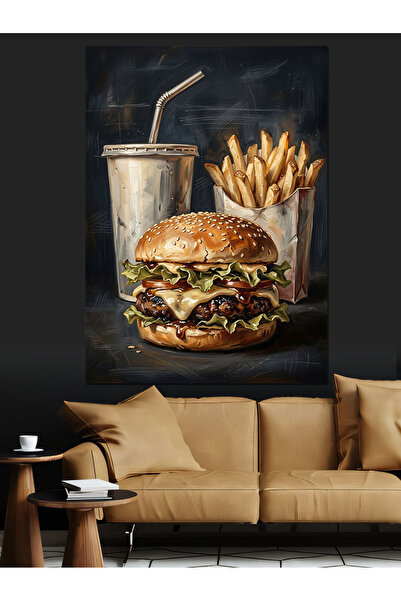 Tablo Mega Hamburger Patates Kızartması Ve İçecek Dekoratif Kanvas - Mdf Ahşa...