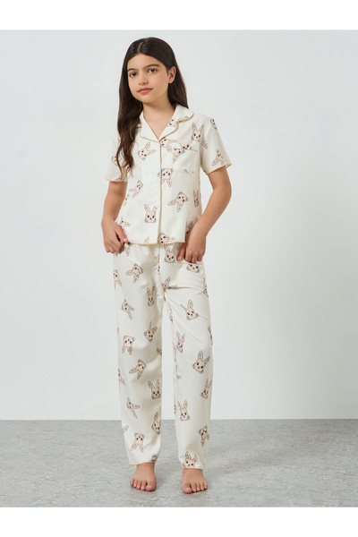 Take Two By Styli Teen Girls Bunny Print Shirt and Pyjama Set