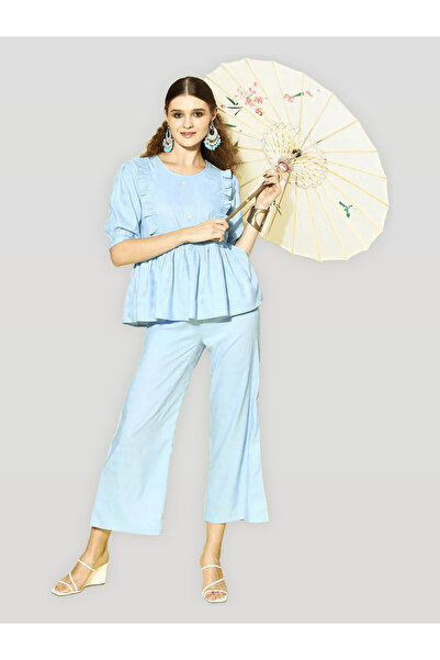 DESIQLO By Styli Blue Ruffled Panel Top and Pants Co-ord Set