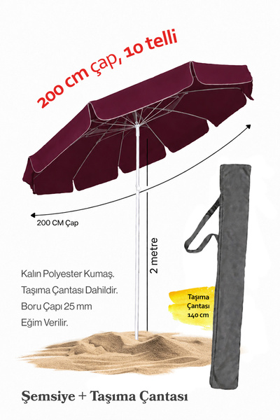 Düvenci Bordo Renkli 200 cm Çap ve 10 Telli Plaj Şemsiyesi + Şemsiye Kılıfı, ...