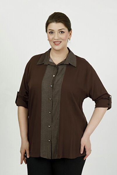 By Alba Collection Women's Tan Garnished Viscose Plus Size Shirt
