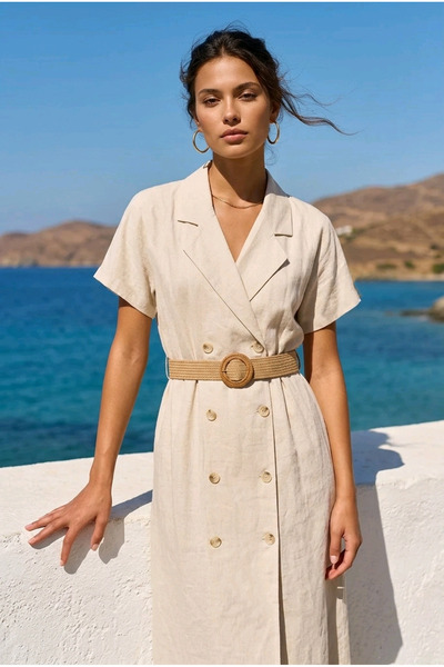 oyagüler Women's Ecru Double-Breasted Straw Belted Natural Linen Dress Yy101387