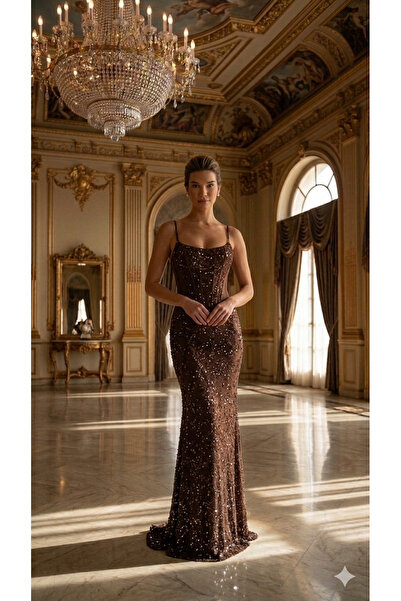 Hennin Slim Straps Corset Detail Sequined Long Evening Dress 7033