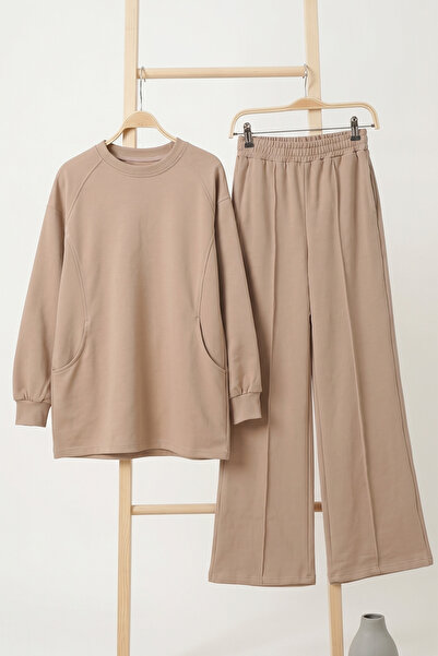 FERHEL Women's Crew Neck Oversize Pocket Tunic and Pants Combed Cotton Set - ...