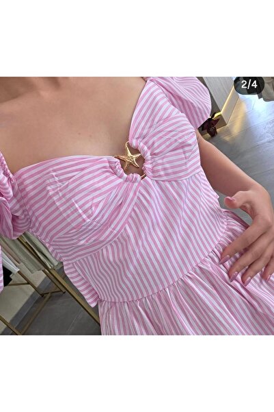 KEDİ pembe yıldız detaylı çizgili elbise