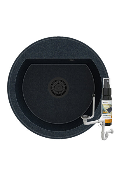 Granitan ARNO Gold Black Round Granite Sink, 49cm, recessed, with black sipho...