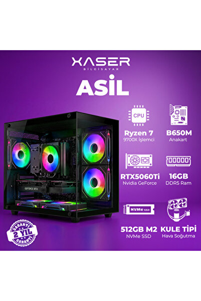 XASER Asil X20 Ryzen 7 9700X 16GB DDR5 Ram 512GB M.2 NVMe SSD 8GB RTX5060Ti O...