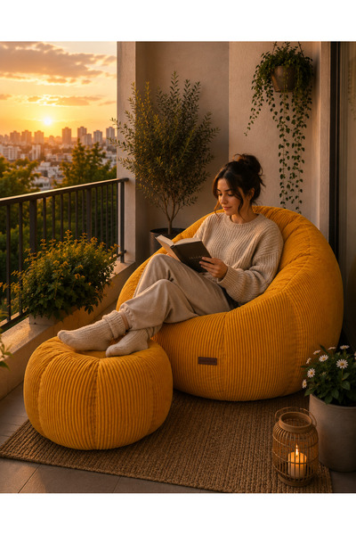 puffiber Balkon Takımı Büyük Puf Koltuk ve Ayak Pufu Seti – Bahçe, Teras ve O...