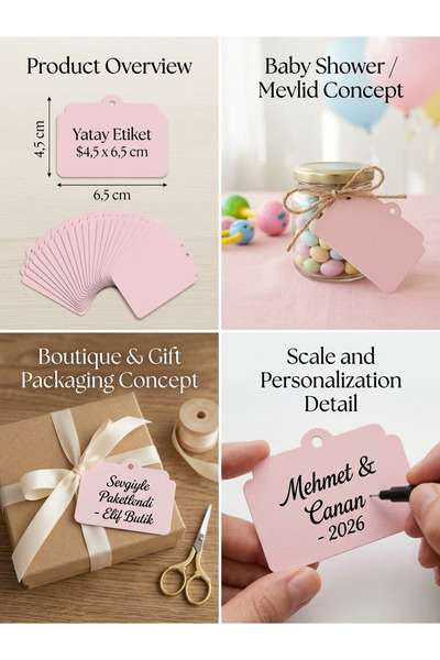 TULİ 30 Adet Toz Pembe Hediye Etiketi 4,5x6,5 cm - Yatay Kesim Nişan, Söz, Ba...
