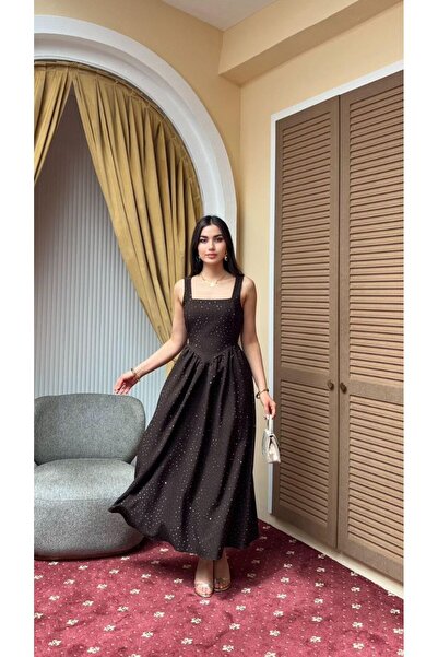 Moda Banuş Taş Baskılı A Kesim Bağcıklı Kahverengi Elbise