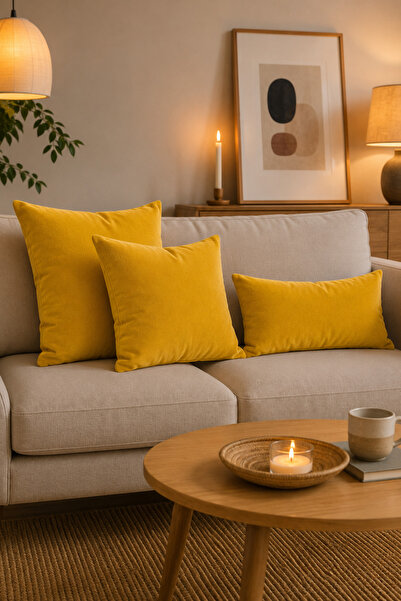 Priene Home Textile Yellow Velvet Textured Decorative Throw Pillow Cover - Zi...