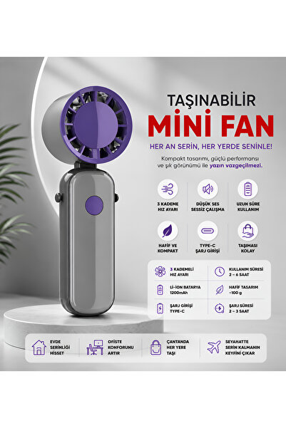 Dexmon Taşınabilir Mini Fan Şarjlı Askılı El Vantilatörü 3 Kademeli Sessiz Gü...