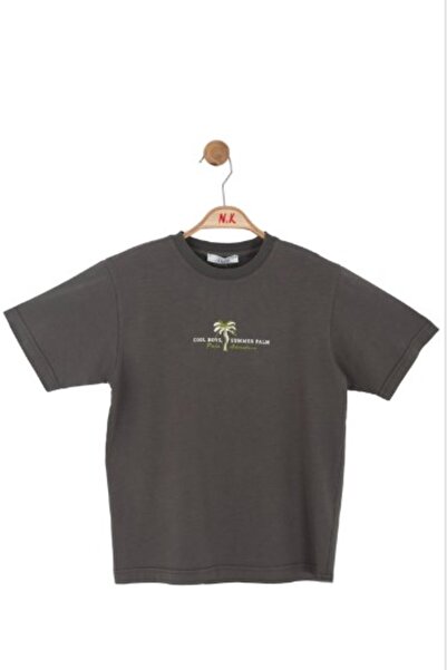 nk kids NK Момчешка памучна тениска с бродирана палма и кръгло деколте, 4-8 г...