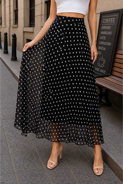 Motiv Puantiyeli Şifon Etek/İç Astarı Uzun Tesettüre Uygun Model/102cm Maxi Boy