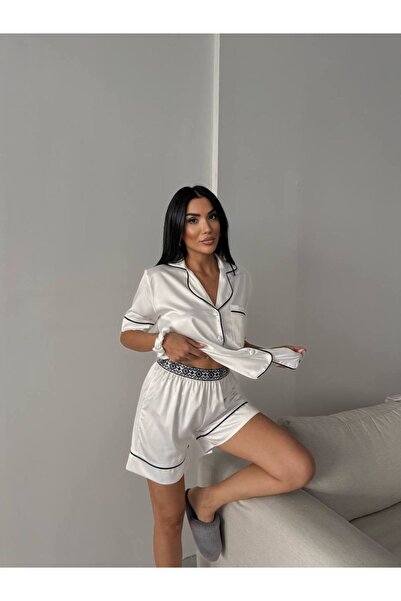 Saten Premium Kumaş Düğmeli Şortlu Pijama Takımı Beyaz ( Toka Hediyeli )