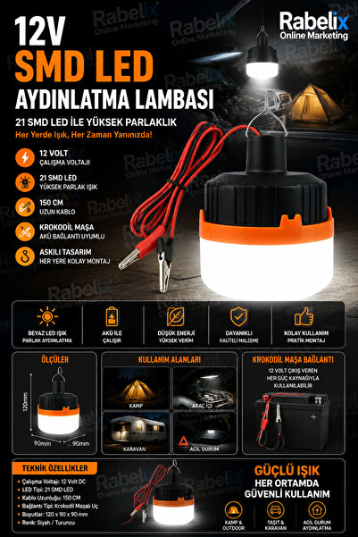 Rabelix Online Marketing 1.5 Metre Kablolu 12Volt 21 SMD LED Kamp Lambası Kro...