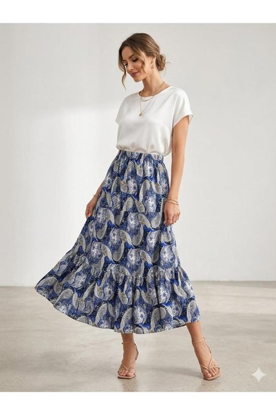 520CK Women's Blue Shawl Patterned Skirt with Ruffles and Flounces, Large Size, Hijab Skirt