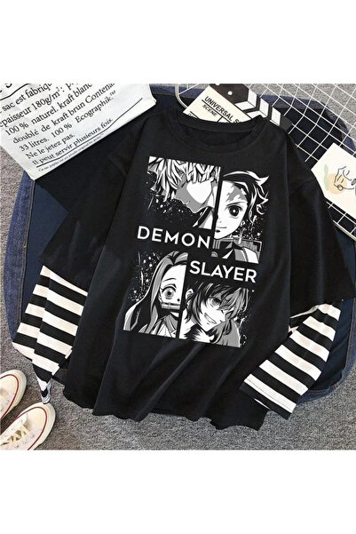 dompulerimoda تي شيرت أسود كبير الحجم مطبوع عليه Demon Slayer بأكمام وهمية لل...