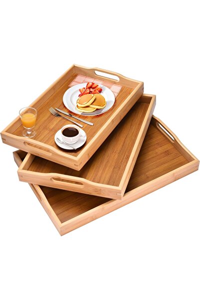 Moment Bamboo wooden serving trays with handles, set of 3 nested trays, large...