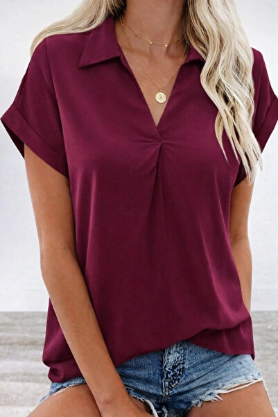 Generic Brand Women's Short Sleeve Collared Woven Viscose Blouse