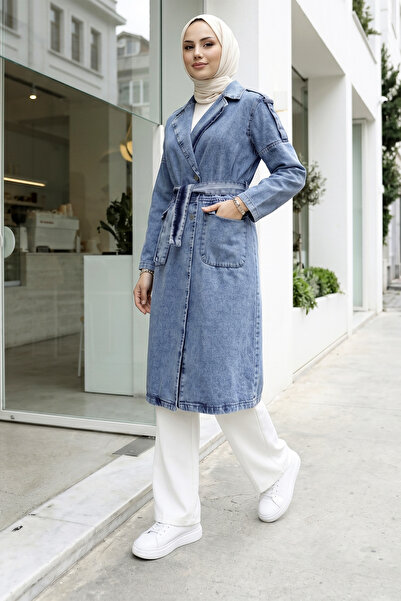 MODAQU Trench din denim cu epoleți și curea - Albastru gheață