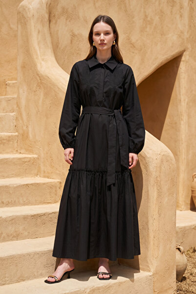 Nuss Front Embroidery Detailed Belted Dress 2040 Black