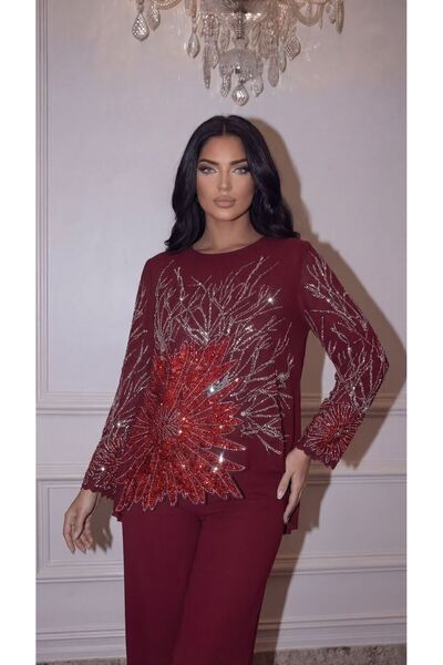 velle velente Çiçek Desenli BORDO Simetrik Kesim Krep Kumaş Bluz