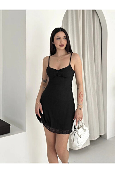 MODA Kadın Askılı Mini Elbise Drapeli Göğüs Detay Likralı Yazlık Fit
