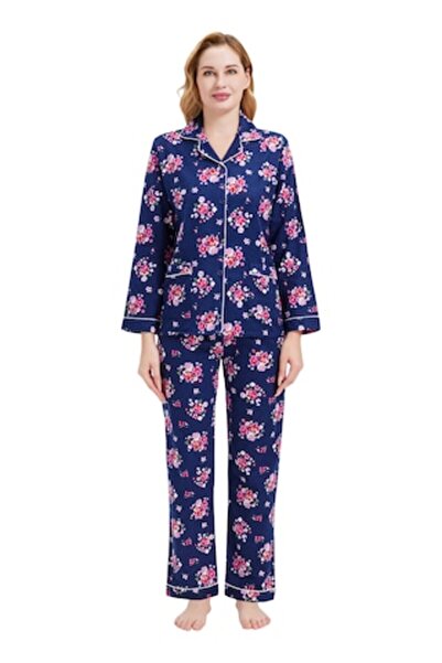 Global Set Pijama Damă Finet Global, Bumbac, Model FLORAL ROSU, Culoare Albas...