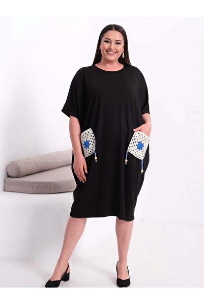 kısmet sepeti Women's Black Knitted Pocket Detailed Combed Cotton Stylish Dress