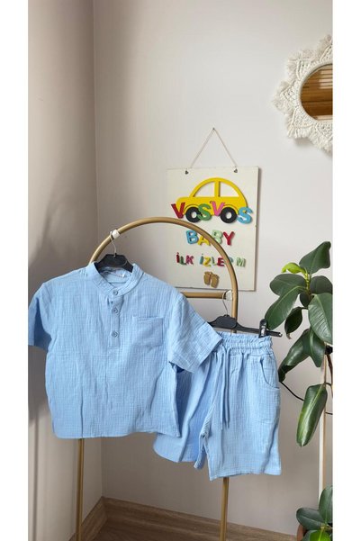 VOSVOSBABY Light Blue Hakim Collar Children's Muslin Shorts Set