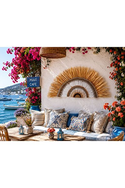Home Bohem Handmade Doğal Rafya Ve kartal Tüylü Ahşap Boncuk Detaylı Gökkuşağ...