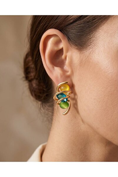 SE Jewellery Collection Selin Ersoy Spiral Formlu Renkli Taş Detaylı Gold Küpe