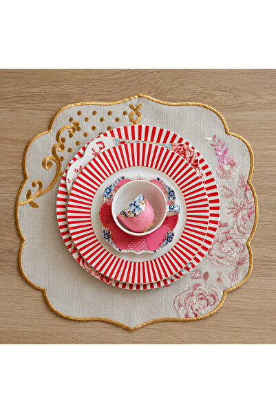Lilies Atelier Royal Pembe Nakışlı Amerikan Servis 35 cm Gardenya Keten Dekor...