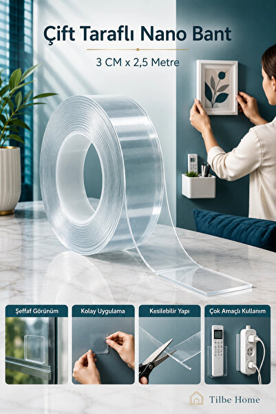 Tilbe Home 2 Metre Çift Taraflı Nano Bant Teknolojili Süper Güçlü Band Duvar Çerçeve Taşıyıcı Bant 3CMX2.5M