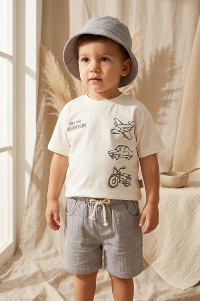 ANP MODA TASARIM Boys' 100% Cotton Seek the Adventure Printed T-Shirt, Linen-...