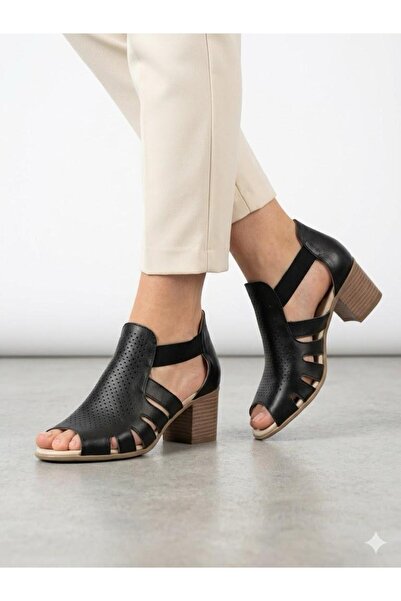 Lütfi Women's black genuine leather chunky heel everyday comfort sandals