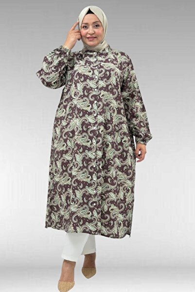 Eslina 68046 Büyük Beden Hakim Yaka Boydan Düğmeli Mango Tunik - Etnik Desen ...