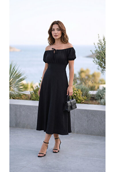JANES Rochie de damă cu umeri goi, cu detaliu din dantelă, lungime midi