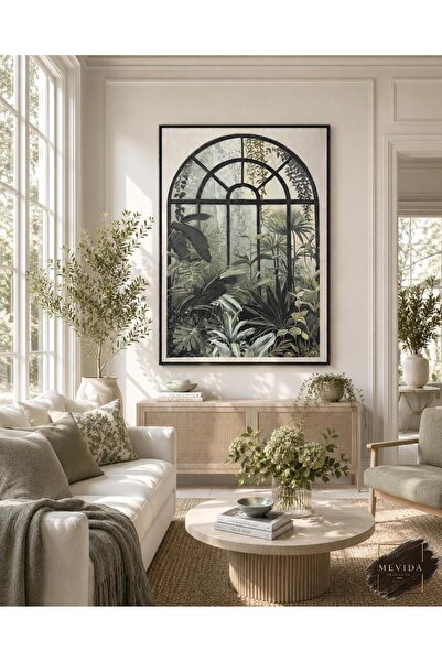 Store Botanik Vaha | Tropikal Bahçe Pencere Manzaralı Dokulu Tablo 60x90 cm M...