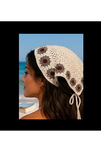 Blotch Bandană de păr tricotată crem cu model floral maro New Image Summer Cool