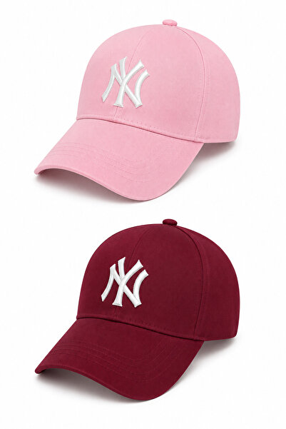 NY Nakışlı Unisex Şapka 2’li Set Pembe Bordo Ayarlanabilir Cırtlı