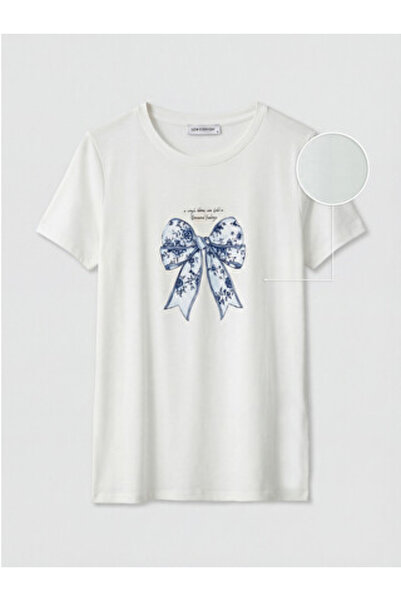 LC Waikiki νέα σεζόν Γυναικείο μπλουζάκι με στάμπα White Crew Neck